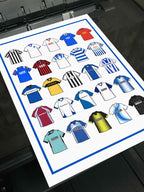 Barrow AFC Retro Shirts Art Print featuring 25 hand-drawn classic football shirts, showcasing the club’s most iconic kits through the years. A celebration of the Bluebirds’ proud history and evolving style, captured in detailed, vintage-inspired illustrations