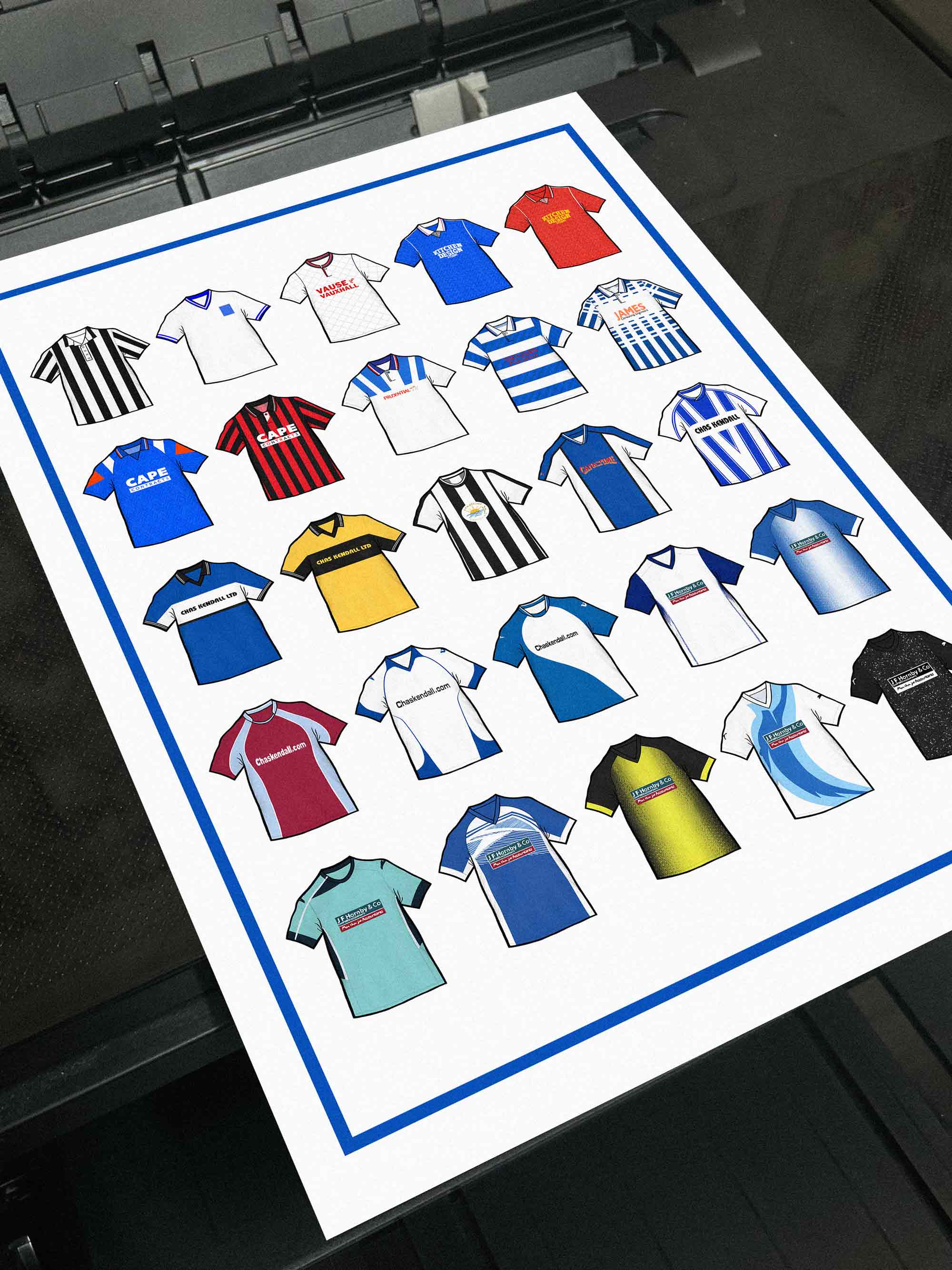 Barrow AFC Retro Shirts Art Print featuring 25 hand-drawn classic football shirts, showcasing the club’s most iconic kits through the years. A celebration of the Bluebirds’ proud history and evolving style, captured in detailed, vintage-inspired illustrations