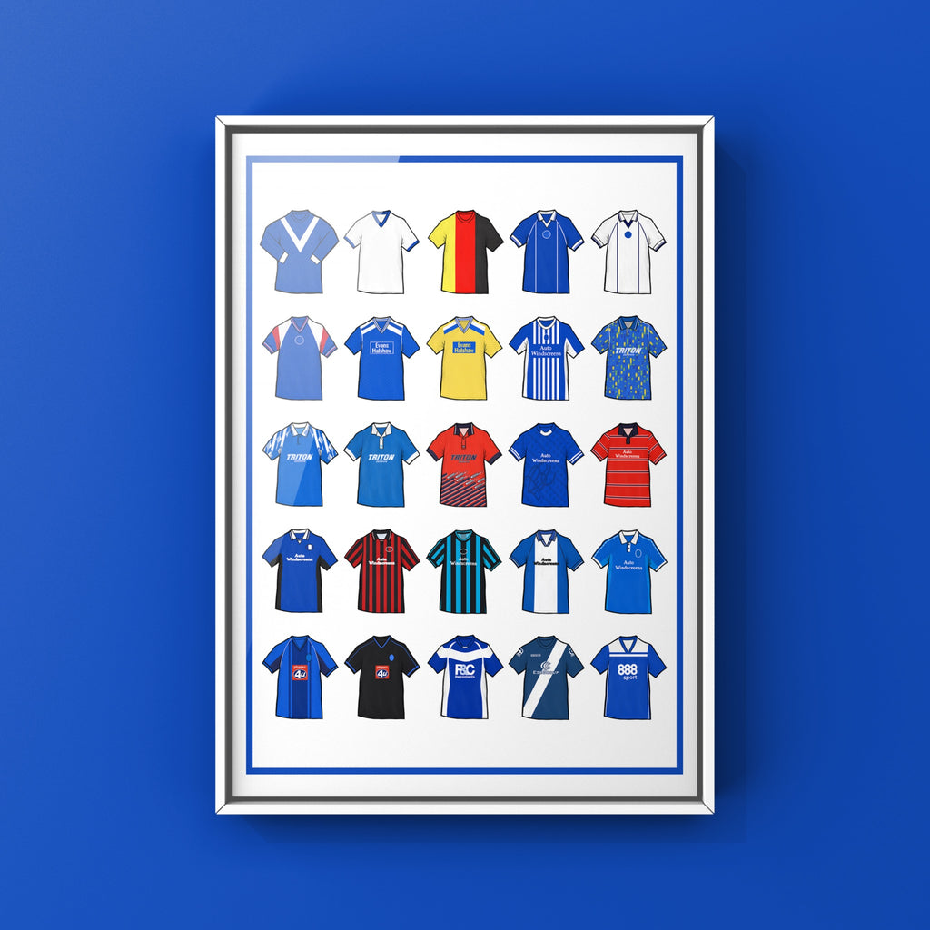 Birmingham City Retro Shirts Art Print featuring 25 hand-drawn classic football shirts, showcasing the club’s most iconic kits through the years. A celebration of the Blues’ rich history and evolving style, captured in detailed, vintage-inspired illustrations