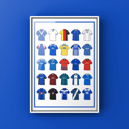 Birmingham City Retro Shirts Art Print featuring 25 hand-drawn classic football shirts, showcasing the club’s most iconic kits through the years. A celebration of the Blues’ rich history and evolving style, captured in detailed, vintage-inspired illustrations