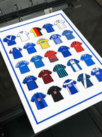 Birmingham City Retro Shirts Art Print featuring 25 hand-drawn classic football shirts, showcasing the club’s most iconic kits through the years. A celebration of the Blues’ rich history and evolving style, captured in detailed, vintage-inspired illustrations