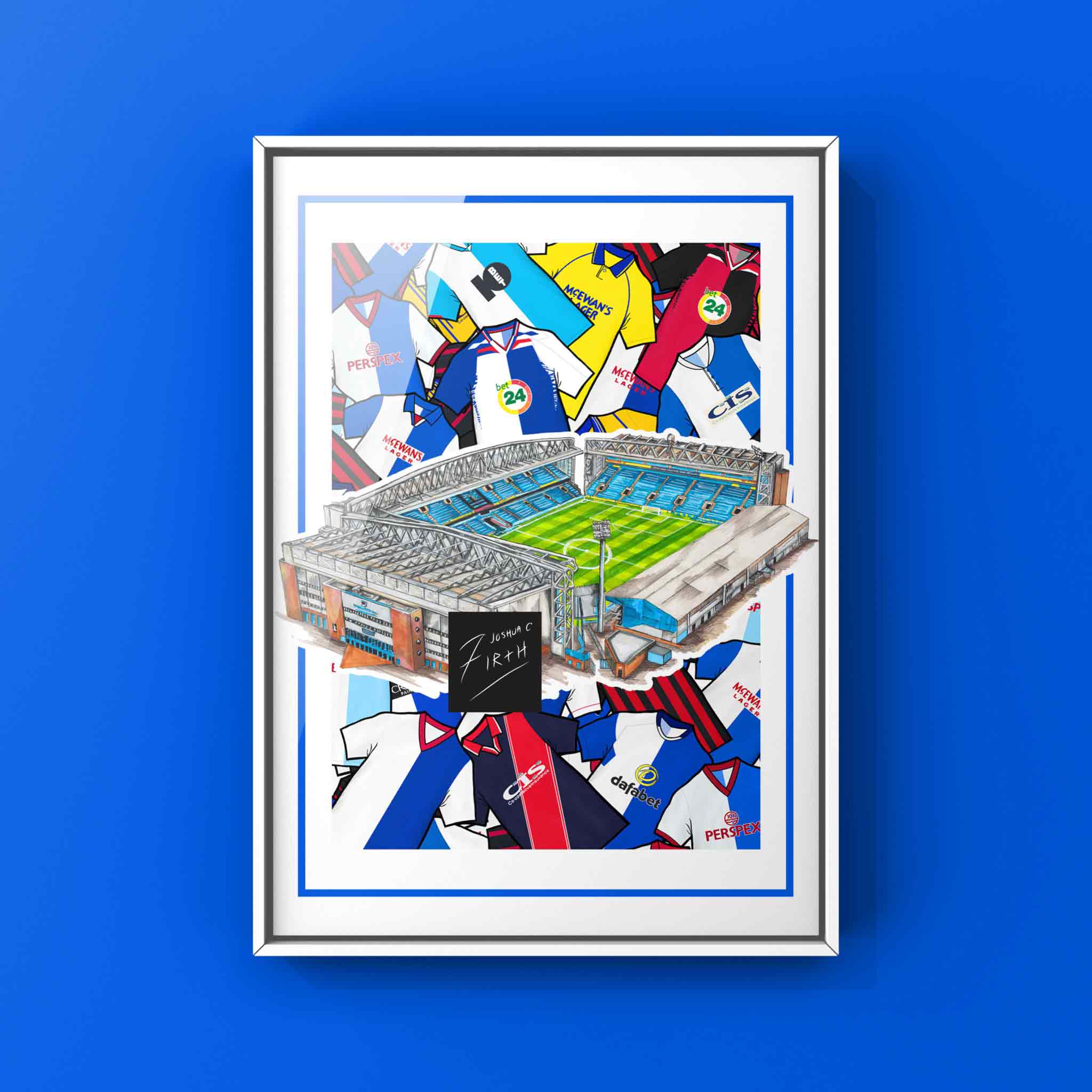 Blackburn Rovers Inspired Kit Collage Retro Shirts & Ewood Park Stadium Football Print