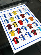 Blackburn Rovers Inspired Retro Shirts Art Print featuring 25 hand-drawn classic football shirts, showcasing the club’s most iconic kits through the years. A celebration of the Rovers’ proud history and evolving style, captured in detailed, vintage-inspired illustrations.