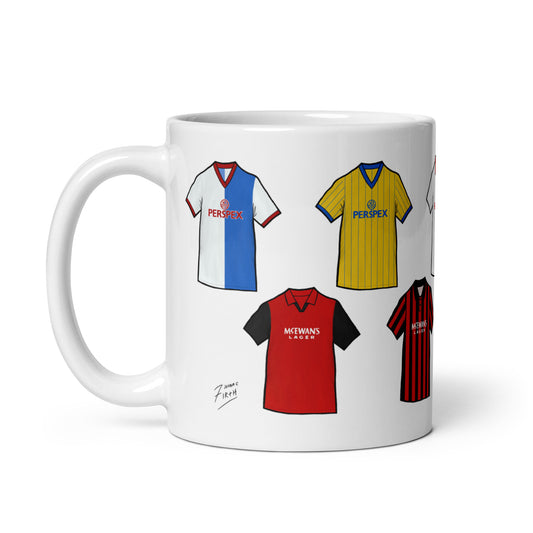 A drinking mug inspired by the legendary Blackburn Rovers shirts of the past