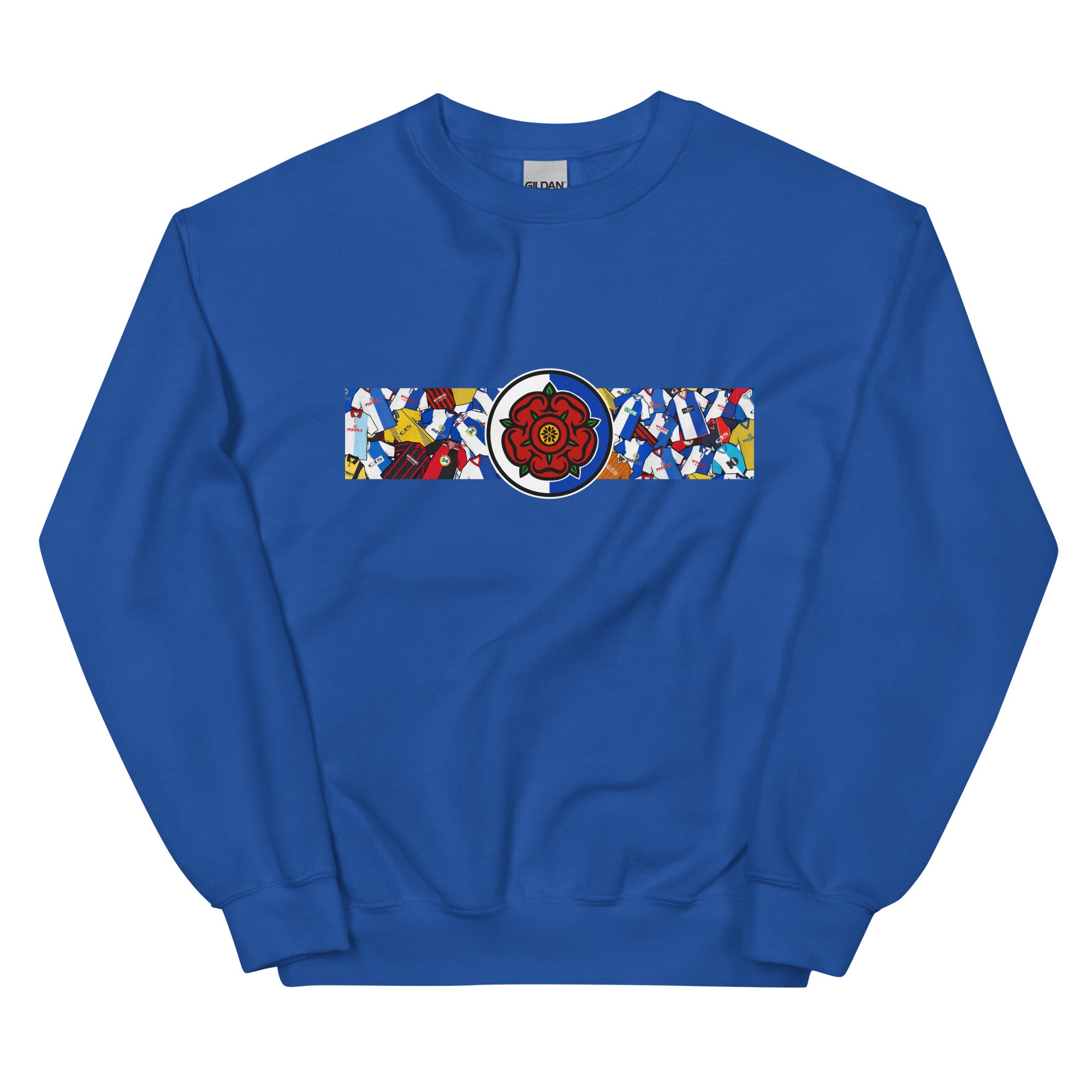 Blackburn Rovers FC-inspired retro football sweatshirt featuring a bold central Lancashire rose design. This unisex pullover blends vintage kit aesthetics with warm, everyday comfort—perfect for chilly match days, pub nights, or relaxed casual wear. The design pays homage to classic Rovers jerseys and proudly celebrates Blackburn’s rich football heritage and Lancashire roots. A perfect gift or wardrobe essential for dedicated fans who appreciate retro football culture and hometown pride