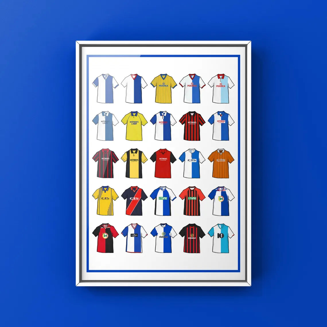 Blackburn Rovers Inspired Retro Shirts Art Print featuring 25 hand-drawn classic football shirts, showcasing the club’s most iconic kits through the years. A celebration of the Rovers’ proud history and evolving style, captured in detailed, vintage-inspired illustrations.