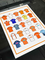 Blackpool FC Inspired Retro Shirts Art Print featuring 25 hand-drawn classic football shirts, showcasing the club’s most iconic kits through the years. A tribute to the Tangerines’ rich history and evolving style, captured in detailed, vintage-inspired illustrations