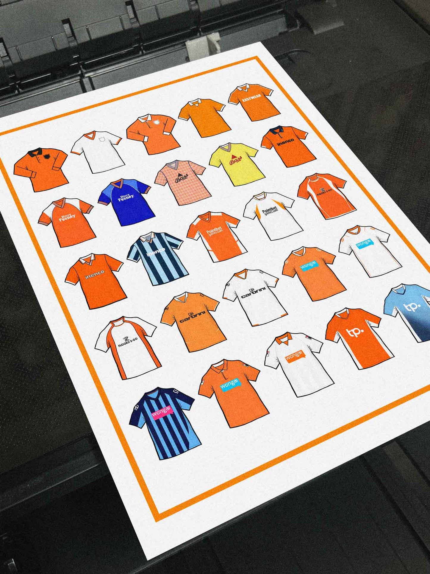 Blackpool FC Inspired Retro Shirts Art Print featuring 25 hand-drawn classic football shirts, showcasing the club’s most iconic kits through the years. A tribute to the Tangerines’ rich history and evolving style, captured in detailed, vintage-inspired illustrations
