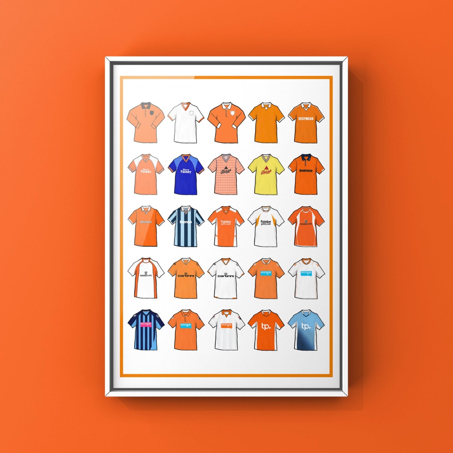 Blackpool FC Inspired Retro Shirts Art Print featuring 25 hand-drawn classic football shirts, showcasing the club’s most iconic kits through the years. A tribute to the Tangerines’ rich history and evolving style, captured in detailed, vintage-inspired illustrations