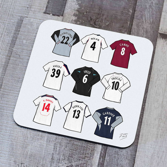 Bolton themed artwork on a coaster inspired by the shirts of the Wanderers past. Names such as Jussi Jaaskelainen, Kevin Nolan, Ivan Campo, Nicholas Anelka, Gary Speed, Jay Jay Okocha, Kevin Davies, Youri Djorkaeff, Ricardo Gardner