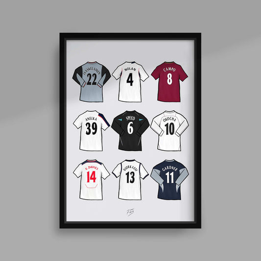 Bolton themed artwork inspired by the shirts of the Wanderers past. Names such as Jussi Jaaskelainen, Kevin Nolan, Ivan Campo, Nicholas Anelka, Gary Speed, Jay Jay Okocha, Kevin Davies, Youri Djorkaeff, Ricardo Gardner