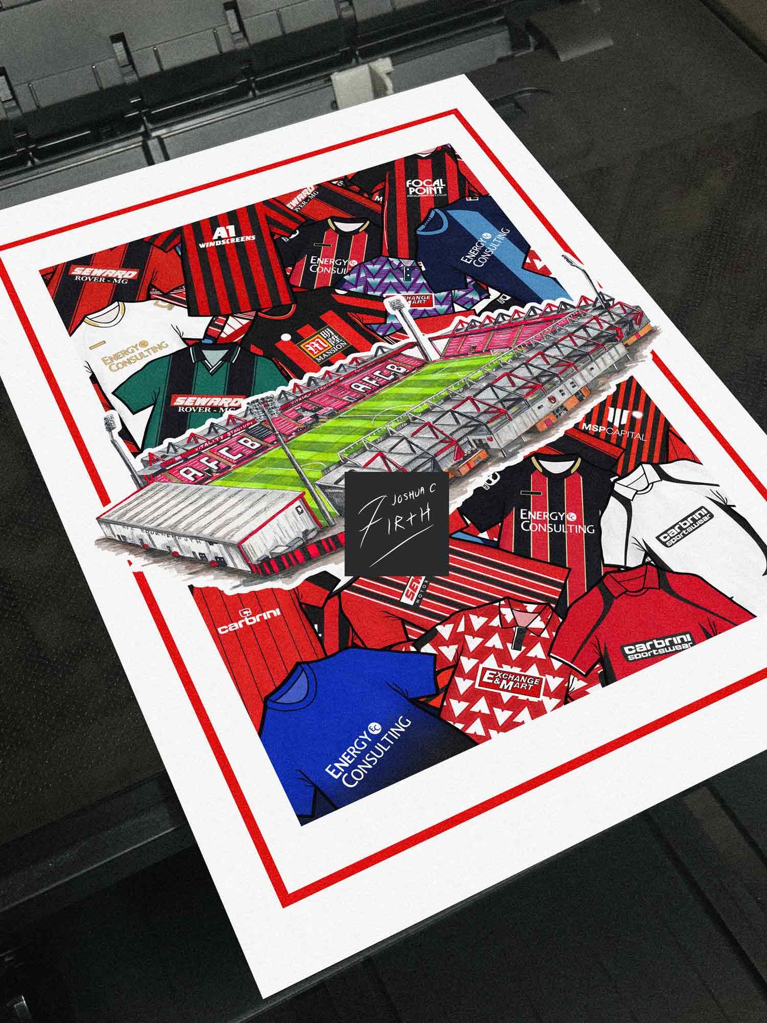 Bournemouth Kit Collage Retro Shirts & Stadium Football Print