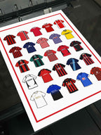 AFC Bournemouth Retro Shirts Art Print featuring 25 hand-drawn classic football shirts, highlighting the club’s most iconic kits through the years. A tribute to the Cherries’ proud history and remarkable footballing journey, captured in detailed, vintage-inspired illustrations
