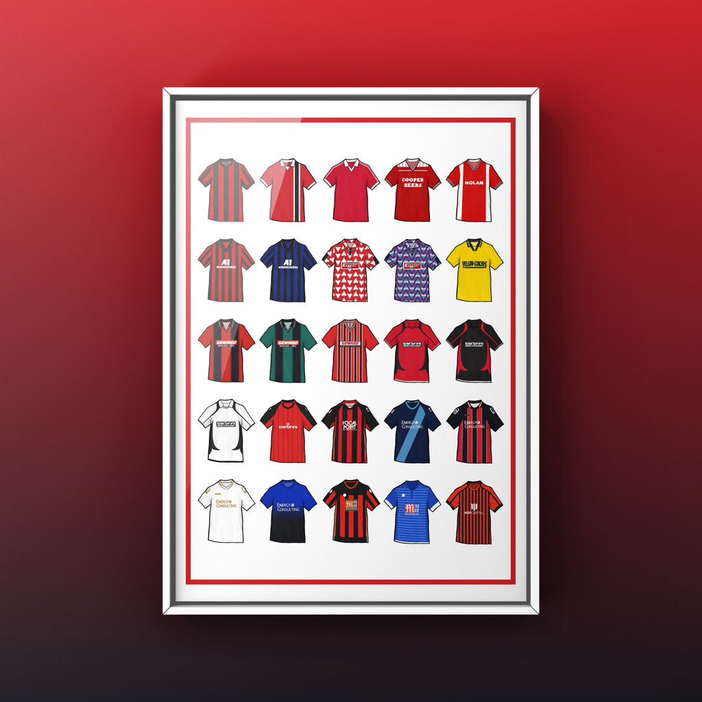AFC Bournemouth Retro Shirts Art Print featuring 25 hand-drawn classic football shirts, highlighting the club’s most iconic kits through the years. A tribute to the Cherries’ proud history and remarkable footballing journey, captured in detailed, vintage-inspired illustrations