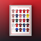 AFC Bournemouth Retro Shirts Art Print featuring 25 hand-drawn classic football shirts, highlighting the club’s most iconic kits through the years. A tribute to the Cherries’ proud history and remarkable footballing journey, captured in detailed, vintage-inspired illustrations