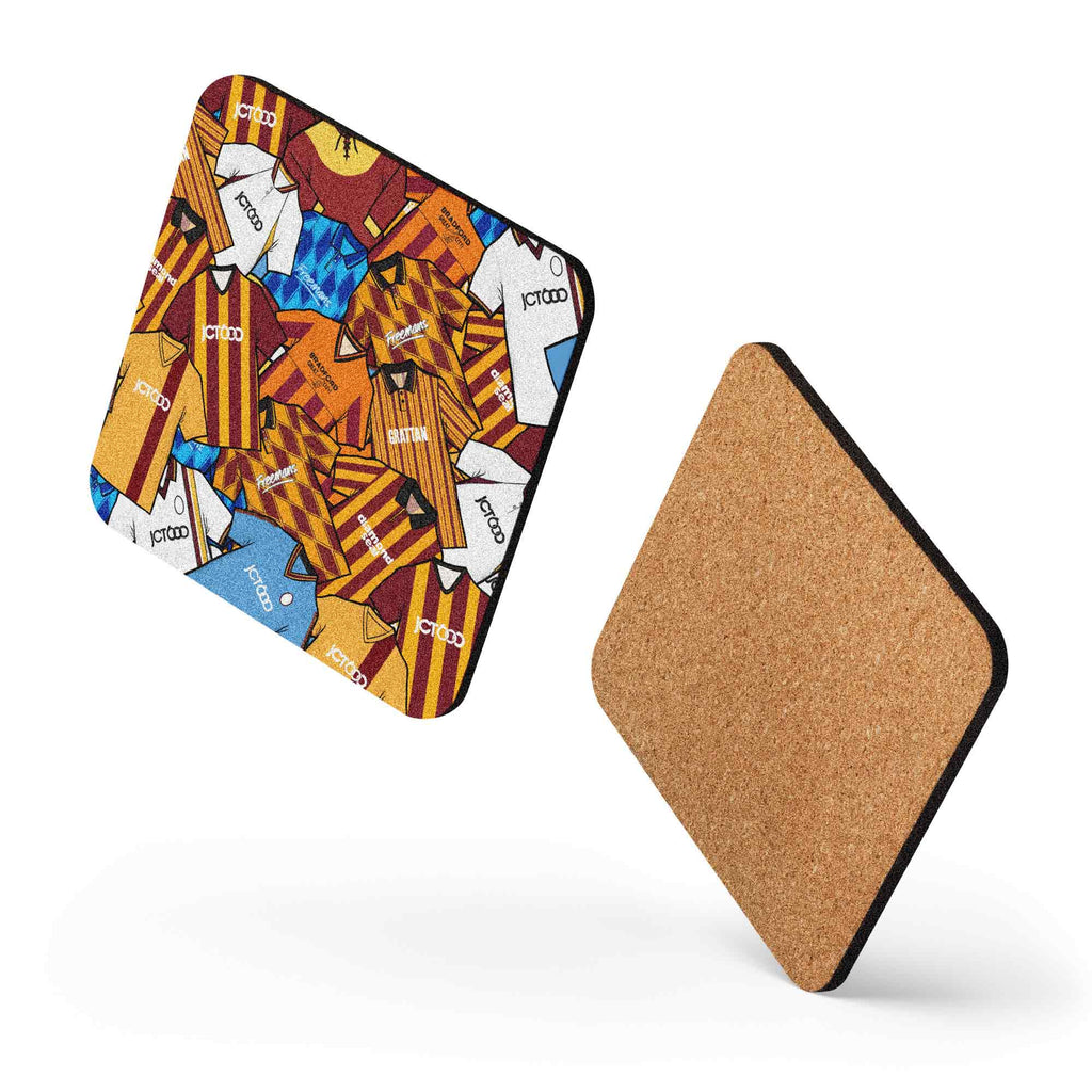 A coaster designed to evoke the iconic Bradford City football club shirts of the past, perfect for football enthusiasts, particularly those who support the Bantams. 