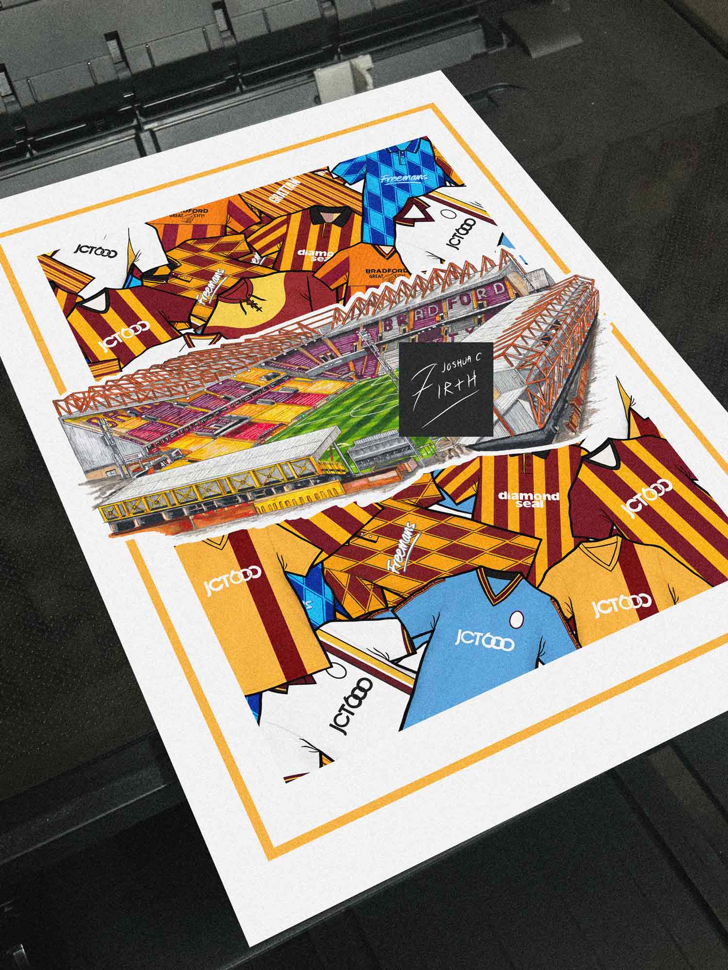 Bradford City Inspired Kit Collage Retro Shirts & Valley Parade Stadium Football Print