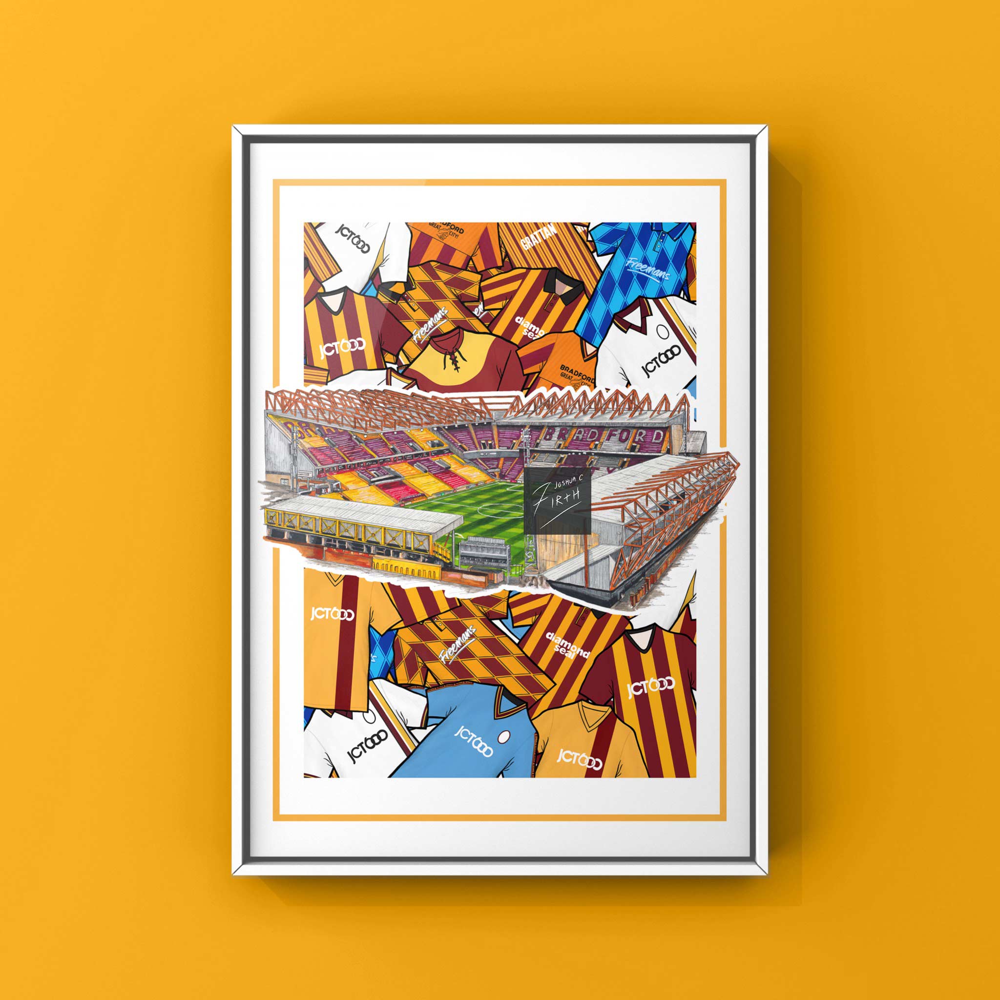 Bradford City Inspired Kit Collage Retro Shirts & Valley Parade Stadium Football Print
