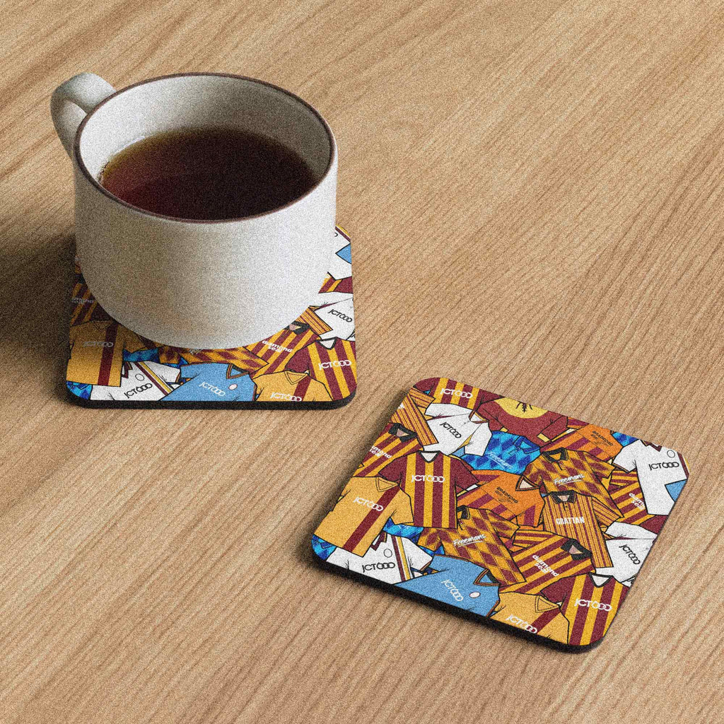 A coaster designed to evoke the iconic Bradford City football club shirts of the past, perfect for football enthusiasts, particularly those who support the Bantams. 