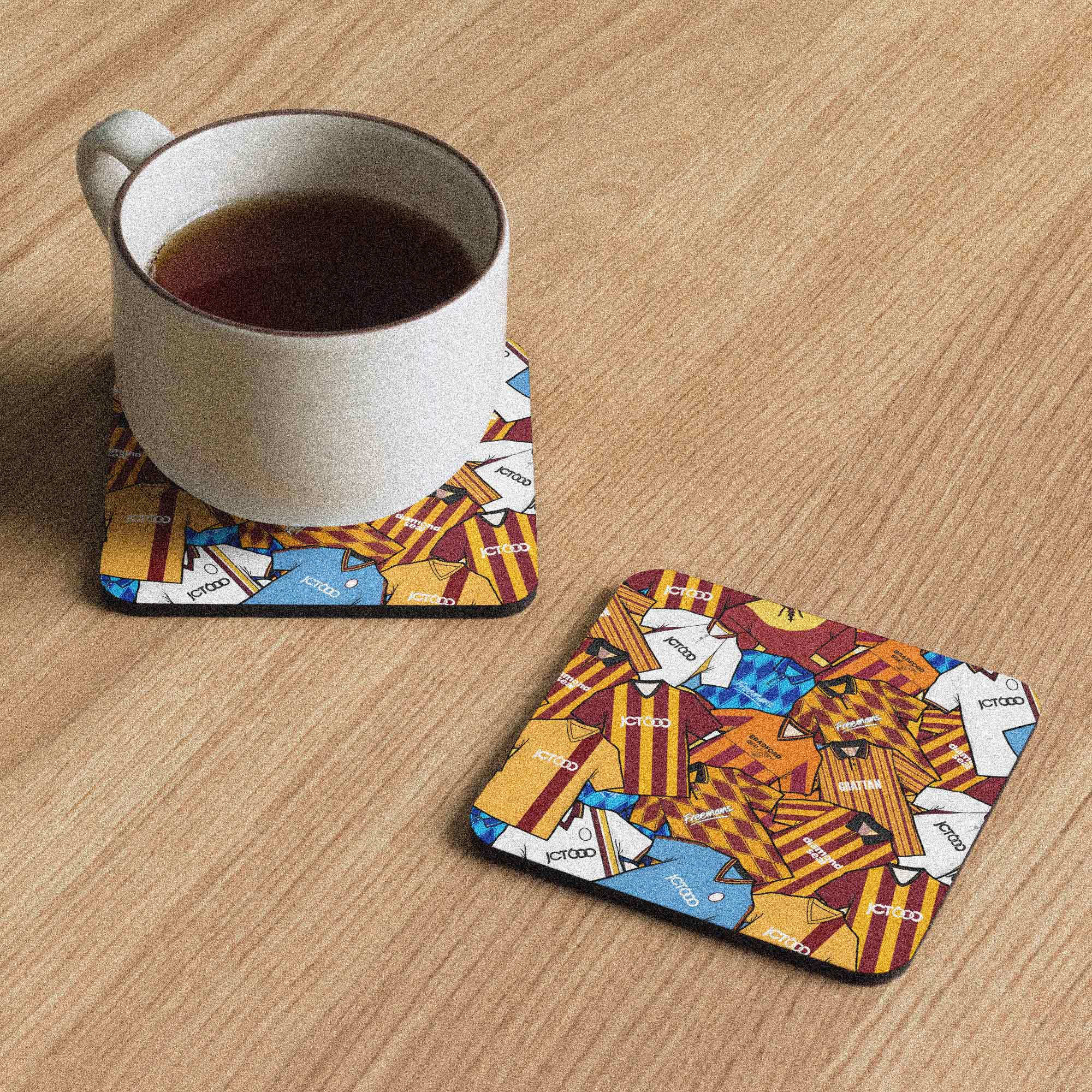 A coaster designed to evoke the iconic Bradford City football club shirts of the past, perfect for football enthusiasts, particularly those who support the Bantams. 