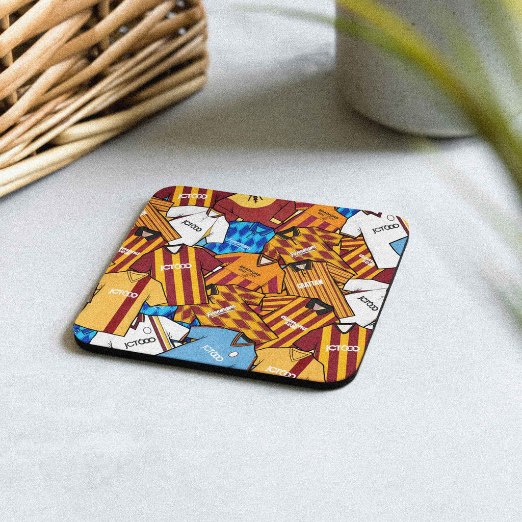 A coaster designed to evoke the iconic Bradford City football club shirts of the past, perfect for football enthusiasts, particularly those who support the Bantams. 