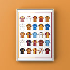 Bradford City Retro Shirts Art Print featuring 25 hand-drawn classic football shirts, showcasing the club’s most iconic kits through the years. A celebration of the Bantams’ rich history and evolving style, captured in detailed, vintage-inspired illustrations