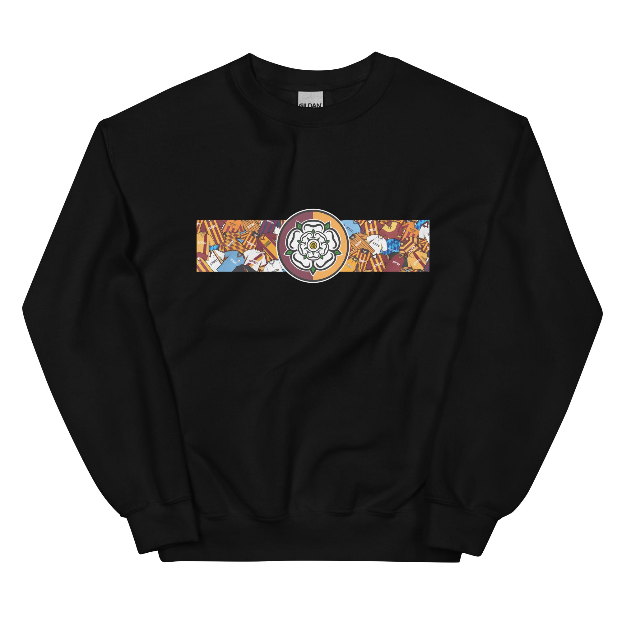 Bradford City FC-inspired retro football sweatshirt featuring a bold central Yorkshire rose design. This unisex pullover combines vintage kit aesthetics with warm, everyday comfort—perfect for chilly match days, pub nights, or casual wear. The design pays tribute to classic Bantams jerseys and proudly reflects Bradford’s rich football heritage and Yorkshire identity. A great gift or wardrobe staple for loyal fans who love retro football culture and their hometown pride