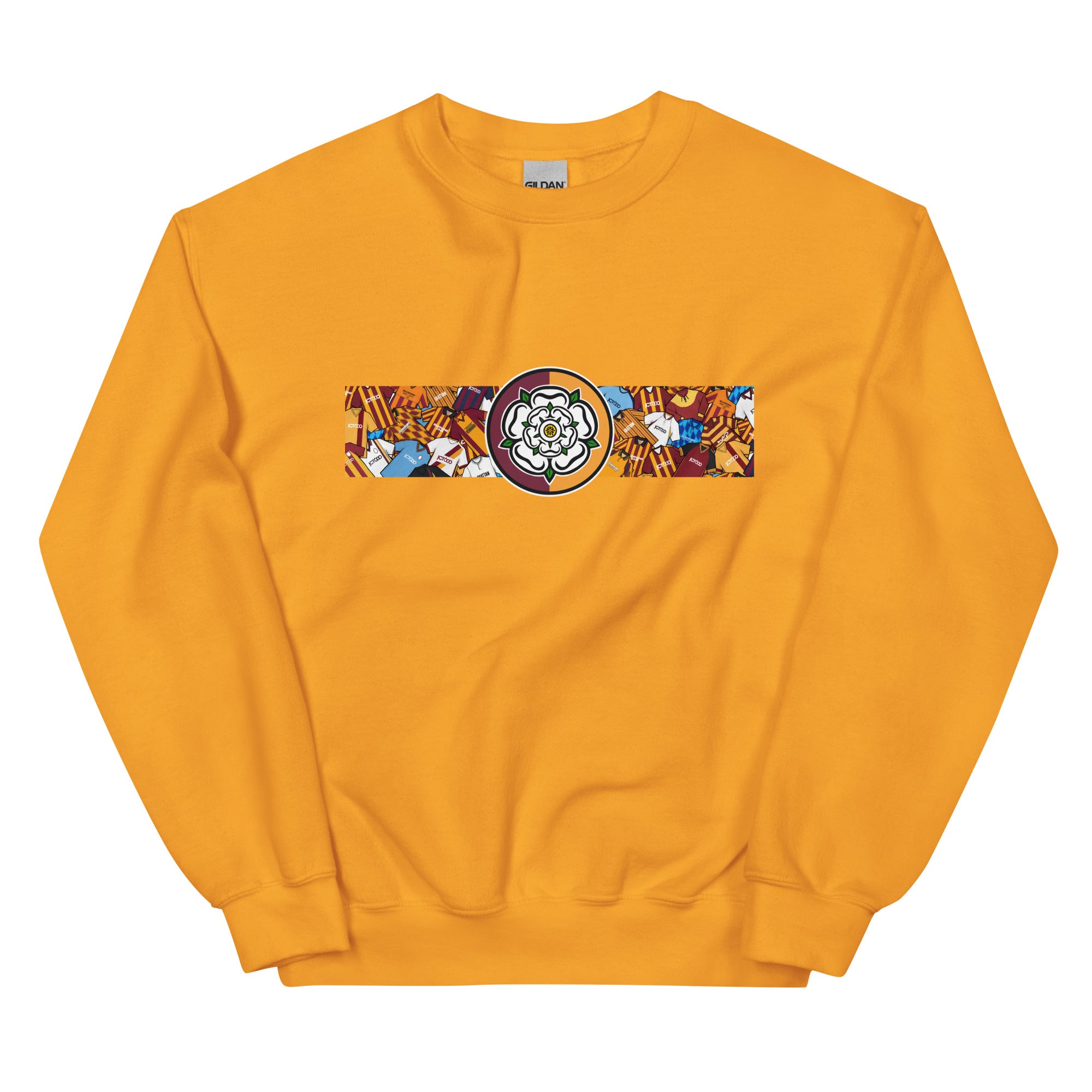 Bradford City FC-inspired retro football sweatshirt featuring a bold central Yorkshire rose design. This unisex pullover combines vintage kit aesthetics with warm, everyday comfort—perfect for chilly match days, pub nights, or casual wear. The design pays tribute to classic Bantams jerseys and proudly reflects Bradford’s rich football heritage and Yorkshire identity. A great gift or wardrobe staple for loyal fans who love retro football culture and their hometown pride