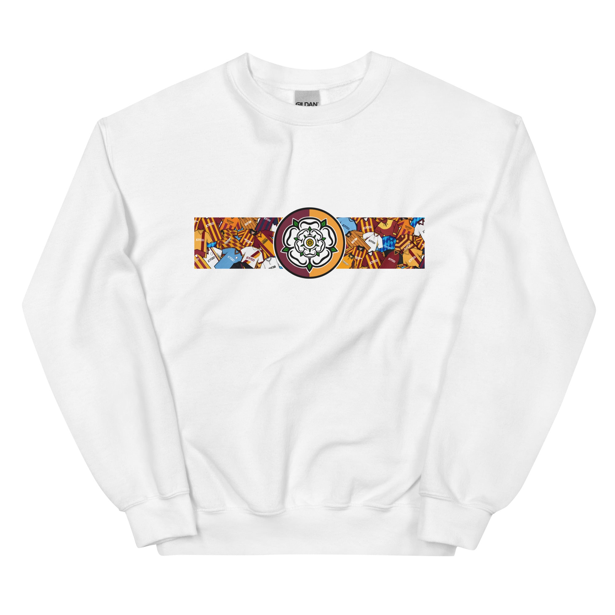 Bradford City FC-inspired retro football sweatshirt featuring a bold central Yorkshire rose design. This unisex pullover combines vintage kit aesthetics with warm, everyday comfort—perfect for chilly match days, pub nights, or casual wear. The design pays tribute to classic Bantams jerseys and proudly reflects Bradford’s rich football heritage and Yorkshire identity. A great gift or wardrobe staple for loyal fans who love retro football culture and their hometown pride. WHITE