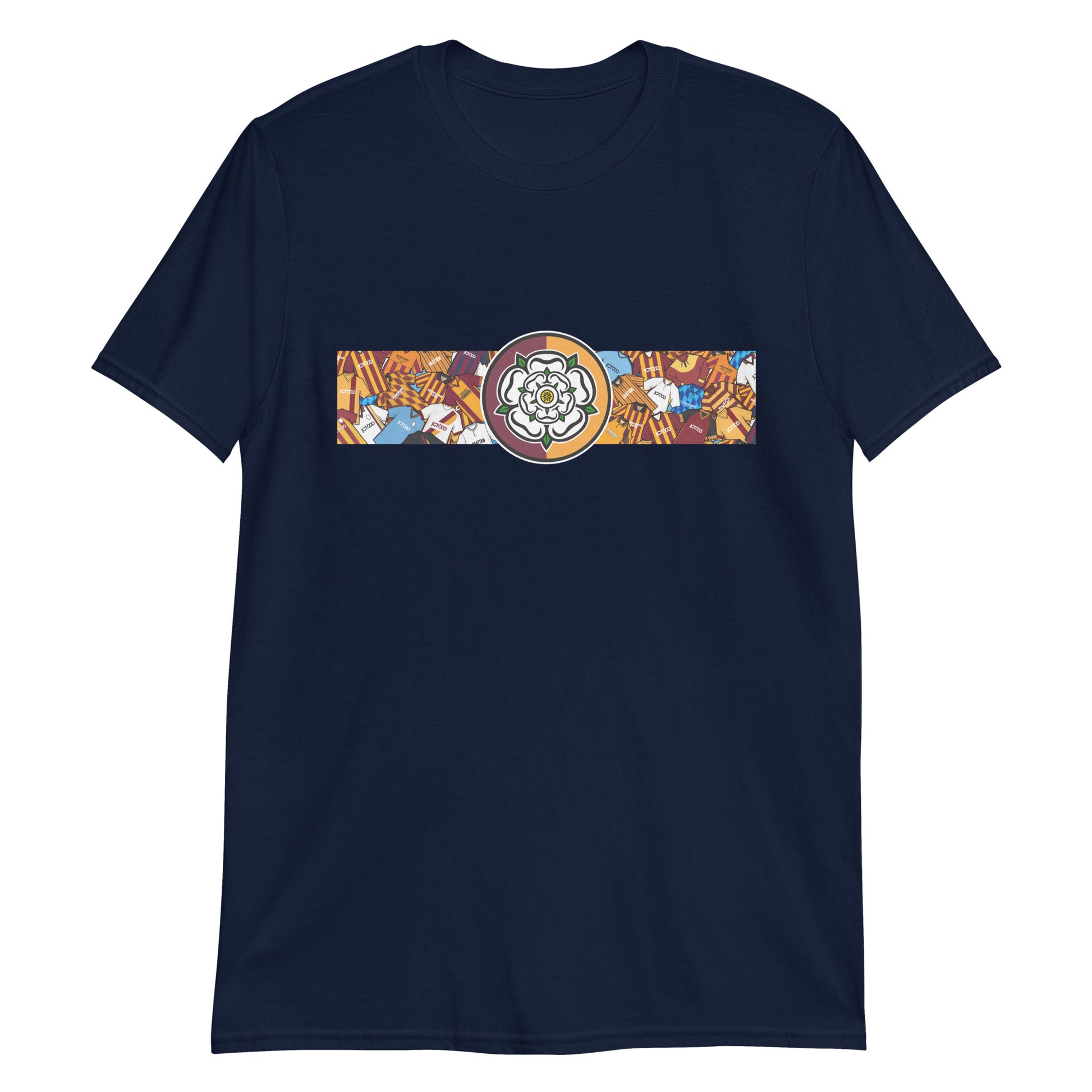 Bradford City FC-inspired retro football t-shirt featuring a bold central Yorkshire rose design. This short-sleeve unisex shirt blends vintage jersey aesthetics with modern comfort, making it perfect for loyal Bantams fans. The artwork is a creative tribute to classic football kits, with a nostalgic nod to Bradford’s heritage and pride in Yorkshire roots. Ideal for match days, casual wear, or gifting to passionate supporters of the club.