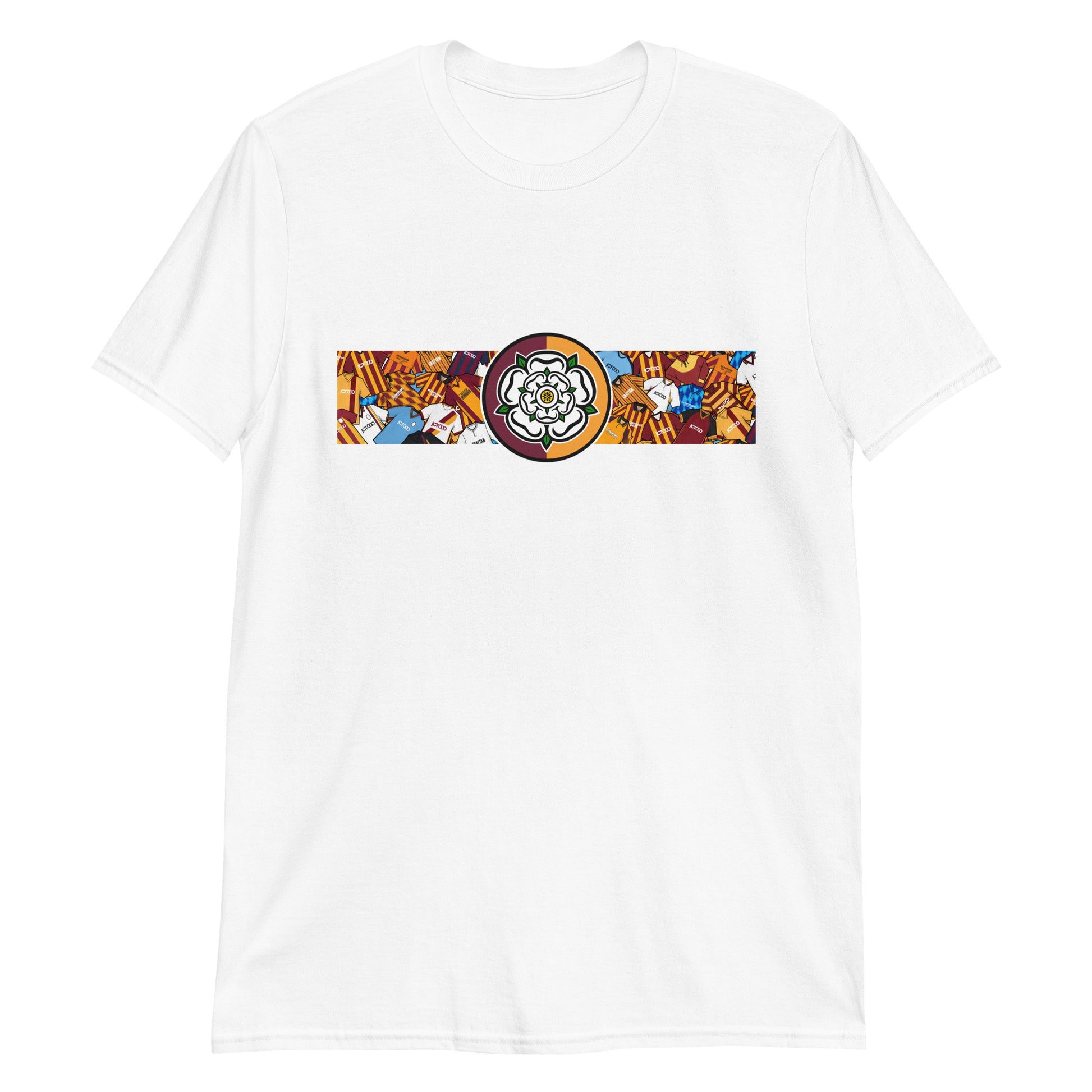 Bradford City FC-inspired retro football t-shirt featuring a bold central Yorkshire rose design. This short-sleeve unisex shirt blends vintage jersey aesthetics with modern comfort, making it perfect for loyal Bantams fans. The artwork is a creative tribute to classic football kits, with a nostalgic nod to Bradford’s heritage and pride in Yorkshire roots. Ideal for match days, casual wear, or gifting to passionate supporters of the club.