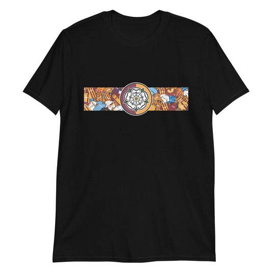 Bradford City FC-inspired retro football t-shirt featuring a bold central Yorkshire rose design. This short-sleeve unisex shirt blends vintage jersey aesthetics with modern comfort, making it perfect for loyal Bantams fans. The artwork is a creative tribute to classic football kits, with a nostalgic nod to Bradford’s heritage and pride in Yorkshire roots. Ideal for match days, casual wear, or gifting to passionate supporters of the club.