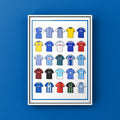 Brighton & Hove Albion Retro Shirts Art Print featuring 25 hand-drawn classic football shirts, showcasing the club’s most iconic kits through the years. A tribute to the Seagulls’ proud history and remarkable footballing journey, captured in detailed, vintage-inspired illustrations