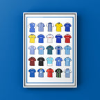 Brighton & Hove Albion Retro Shirts Art Print featuring 25 hand-drawn classic football shirts, showcasing the club’s most iconic kits through the years. A tribute to the Seagulls’ proud history and remarkable footballing journey, captured in detailed, vintage-inspired illustrations