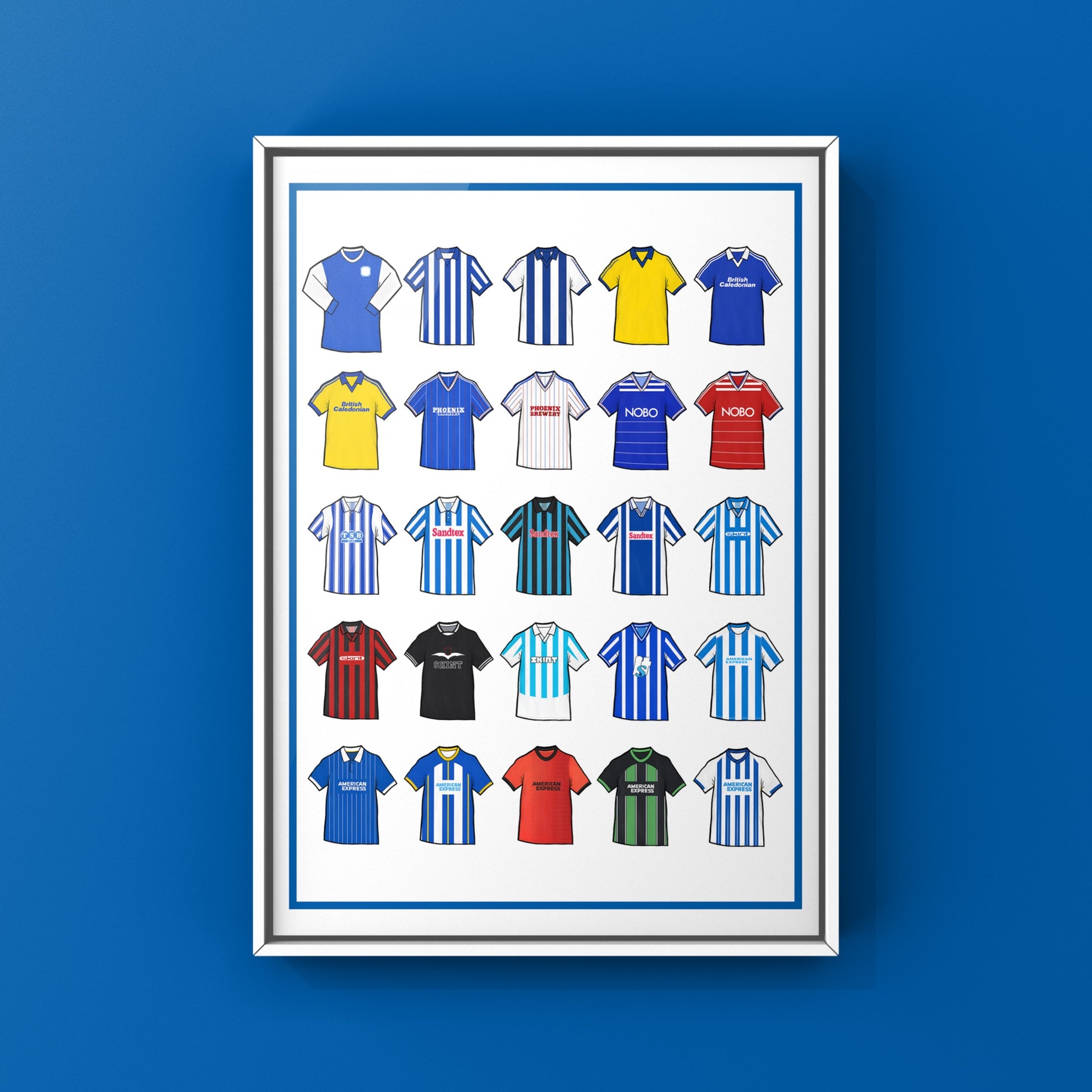 Brighton & Hove Albion Retro Shirts Art Print featuring 25 hand-drawn classic football shirts, showcasing the club’s most iconic kits through the years. A tribute to the Seagulls’ proud history and remarkable footballing journey, captured in detailed, vintage-inspired illustrations