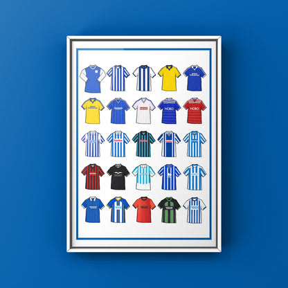 Brighton & Hove Albion Retro Shirts Art Print featuring 25 hand-drawn classic football shirts, showcasing the club’s most iconic kits through the years. A tribute to the Seagulls’ proud history and remarkable footballing journey, captured in detailed, vintage-inspired illustrations