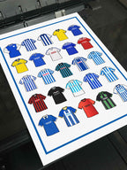 Brighton & Hove Albion Retro Shirts Art Print featuring 25 hand-drawn classic football shirts, showcasing the club’s most iconic kits through the years. A tribute to the Seagulls’ proud history and remarkable footballing journey, captured in detailed, vintage-inspired illustrations