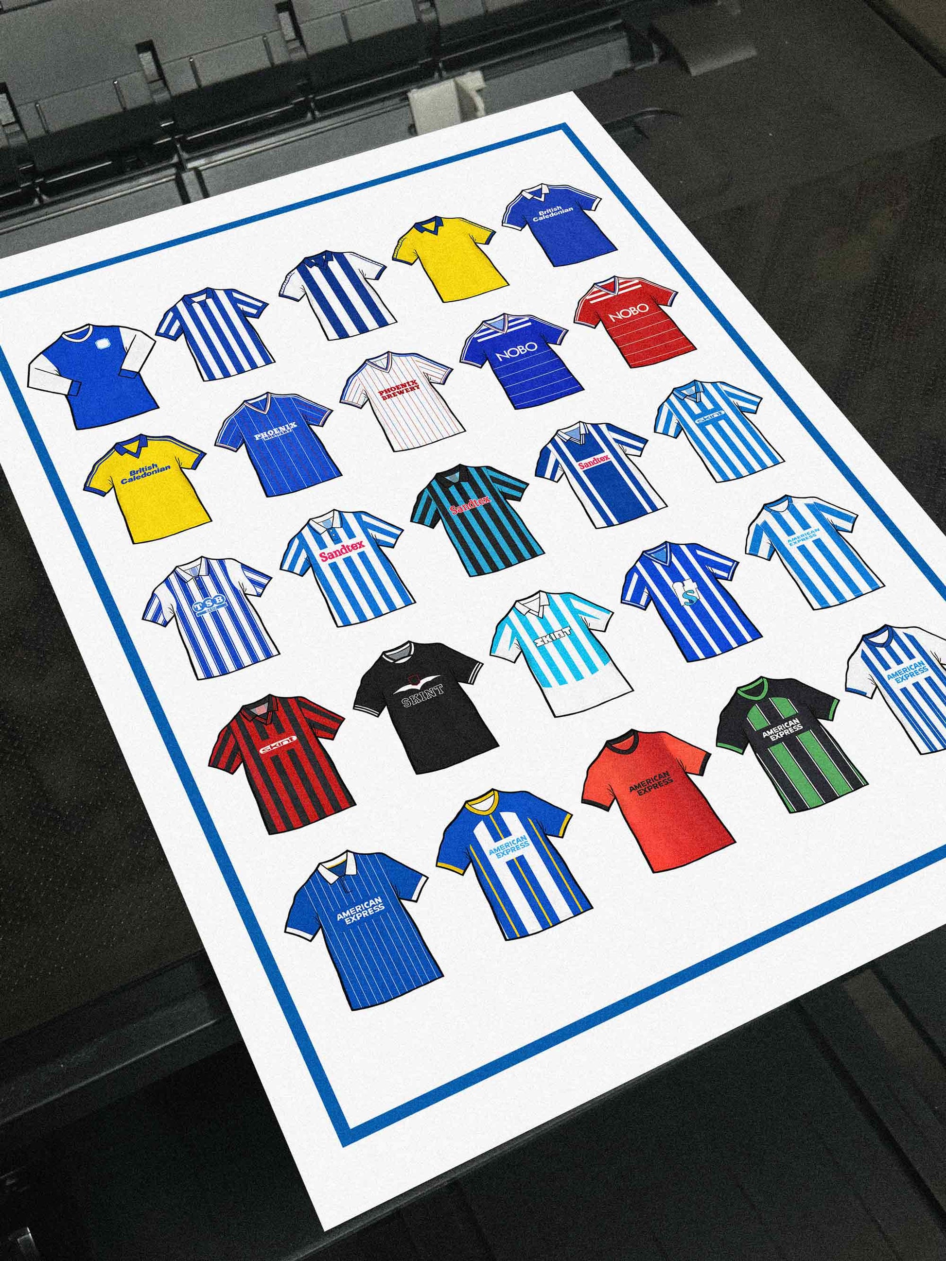 Brighton & Hove Albion Retro Shirts Art Print featuring 25 hand-drawn classic football shirts, showcasing the club’s most iconic kits through the years. A tribute to the Seagulls’ proud history and remarkable footballing journey, captured in detailed, vintage-inspired illustrations