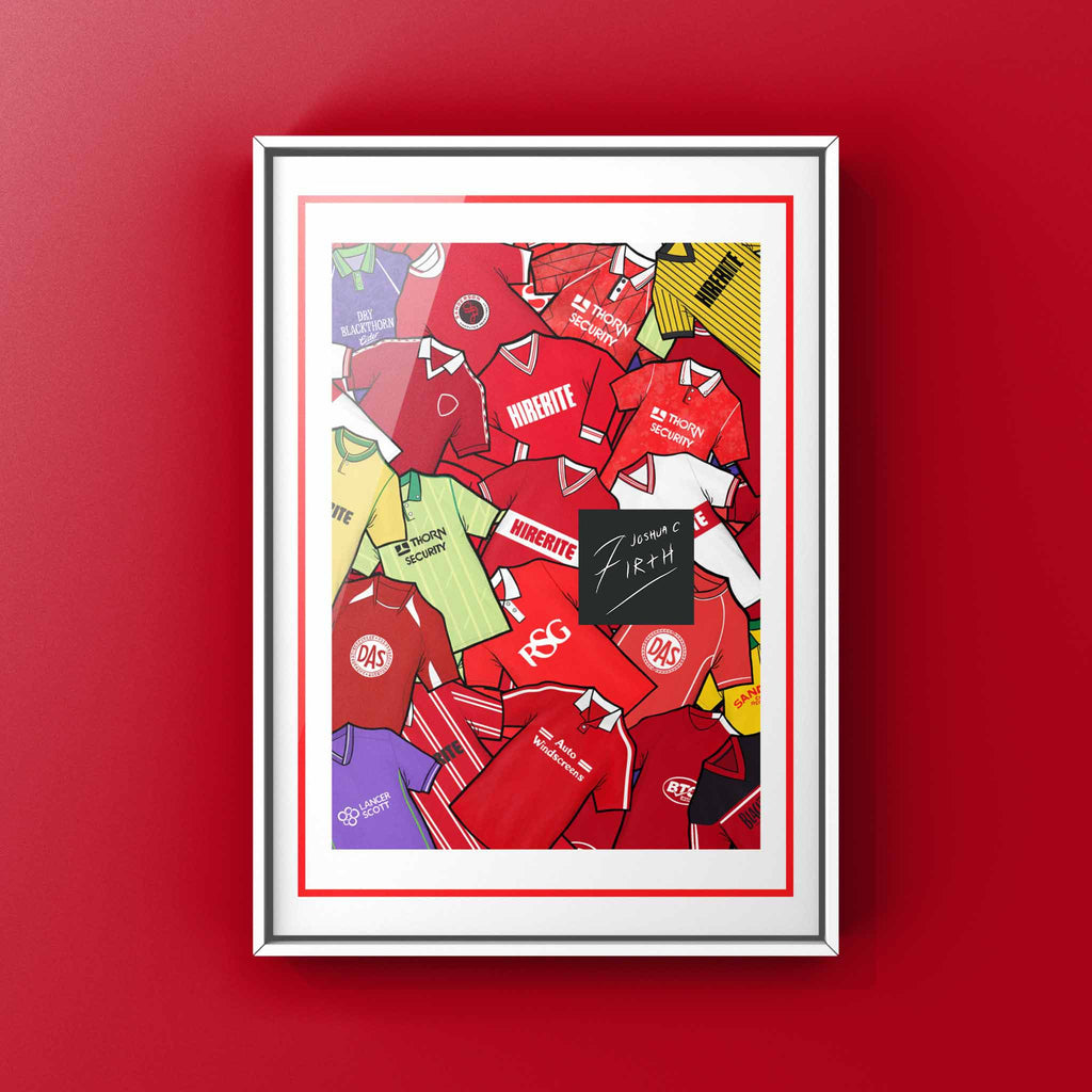 Unofficial - Celebrate Bristol City heritage with this retro shirt art print, available in A3/A4, framed or unframed—perfect gift for true Robins fans.