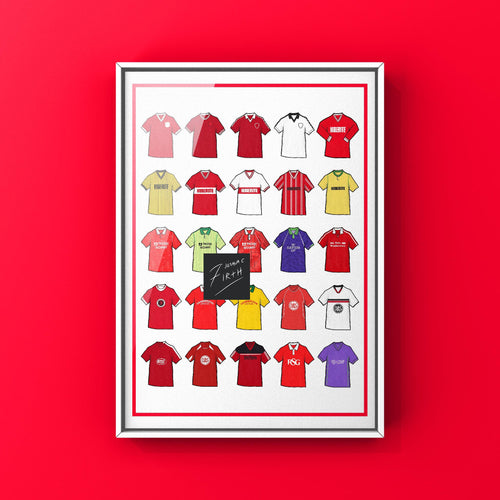 Inspired by Bristol City history 25 shirts on a poster print, available in A3 and A4, framed or unframed. A perfect gift or wall piece for any true Robins fan.