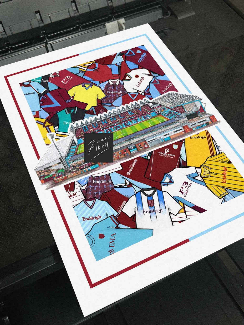 A football poster print inspired by the Burnley football club shirts & stadium Turf moor in east Lancashire, town of Burnley