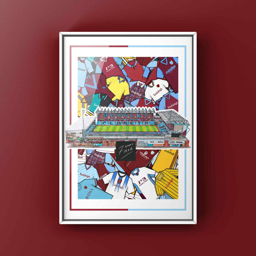 A football poster print inspired by the Burnley football club shirts & stadium Turf moor in east Lancashire, town of Burnley