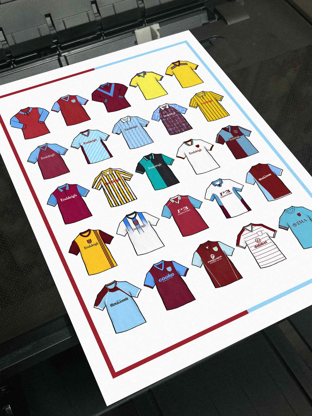 Burnley FC Retro Shirts Art Print featuring 25 hand-drawn classic football shirts, showcasing the club’s most iconic kits through the years. A celebration of the Clarets’ proud history and evolving style, captured in detailed, vintage-inspired illustrations