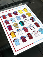 Burnley FC Retro Shirts Art Print featuring 25 hand-drawn classic football shirts, showcasing the club’s most iconic kits through the years. A celebration of the Clarets’ proud history and evolving style, captured in detailed, vintage-inspired illustrations