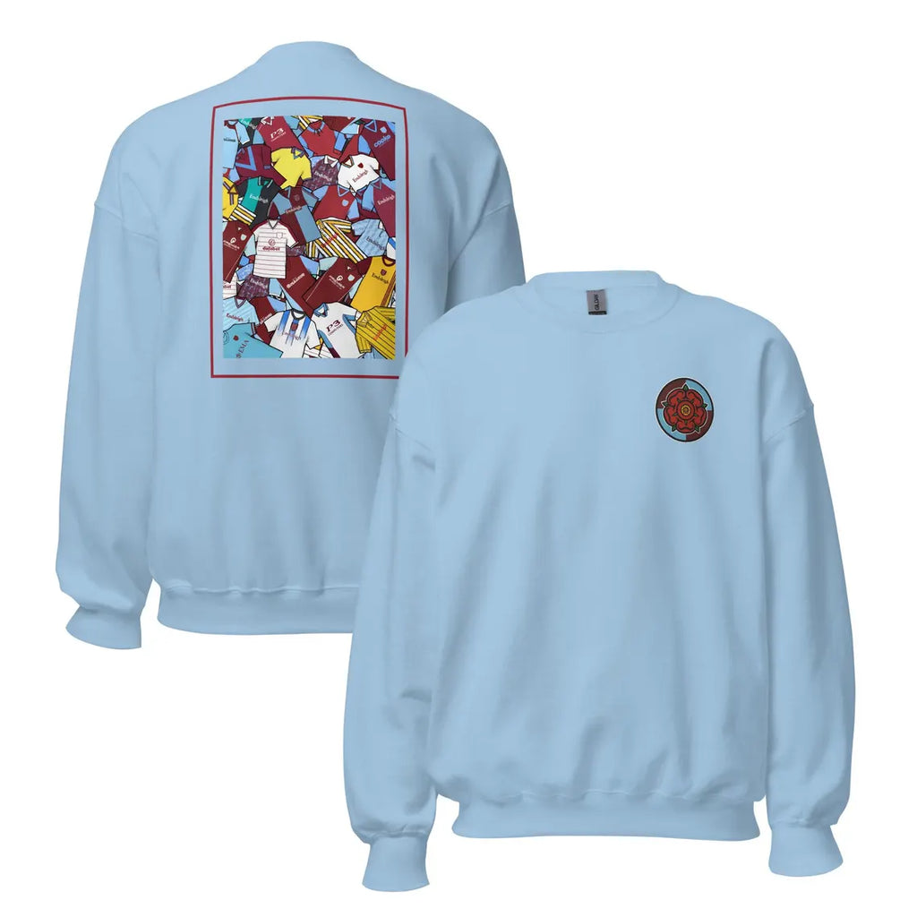 Burnley FC–inspired retro football sweatshirt featuring an embroidered Lancashire rose on the front and a bold collage of classic retro shirts on the back. This unisex pullover blends vintage kit style with cosy comfort—perfect for chilly match days, pub nights, or casual wear. A tribute to iconic Clarets kits and Burnley’s proud football heritage. An ideal gift or wardrobe staple for fans of retro football and local pride.