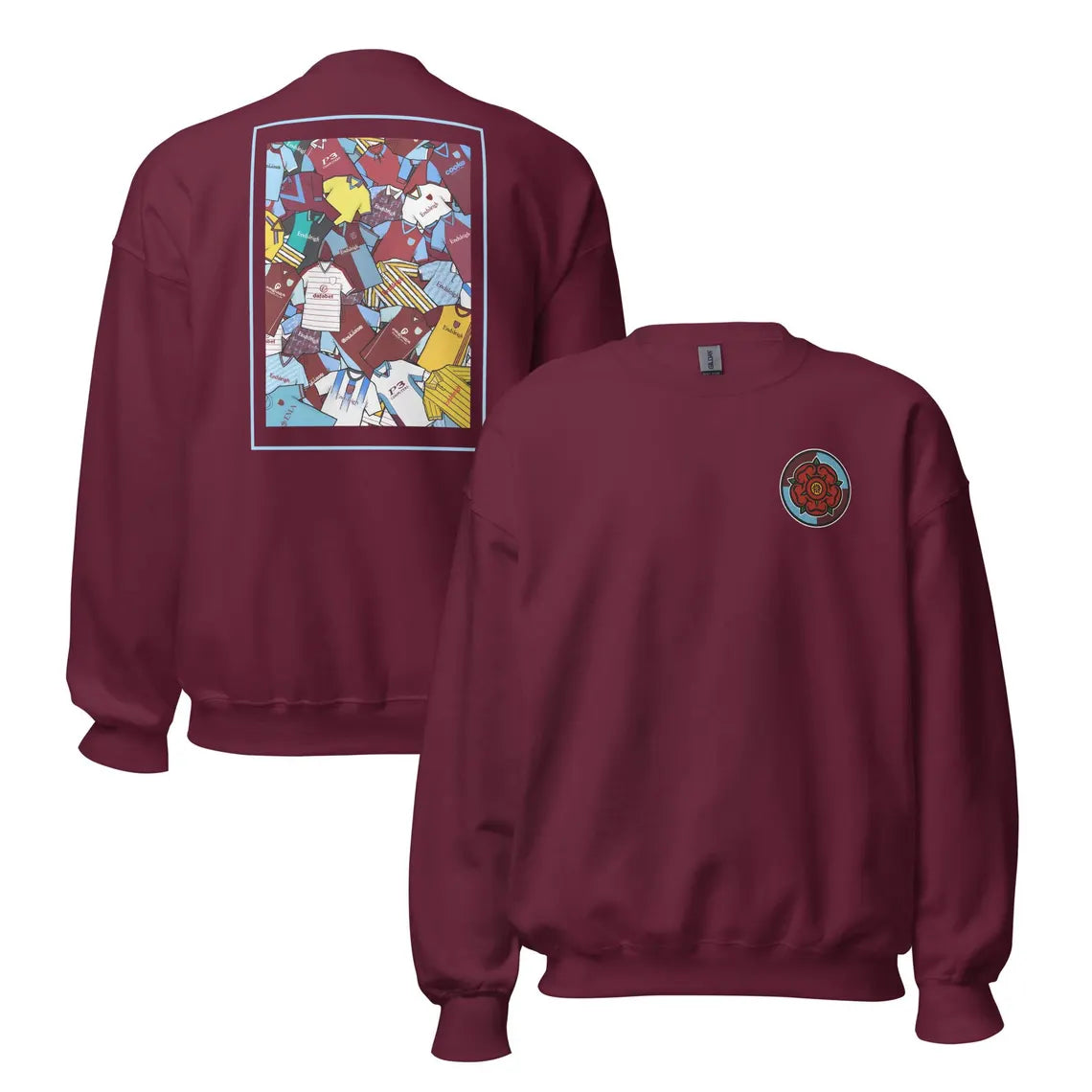 Burnley FC–inspired retro football sweatshirt featuring an embroidered Lancashire rose on the front and a bold collage of classic retro shirts on the back. This unisex pullover blends vintage kit style with cosy comfort—perfect for chilly match days, pub nights, or casual wear. A tribute to iconic Clarets kits and Burnley’s proud football heritage. An ideal gift or wardrobe staple for fans of retro football and local pride.