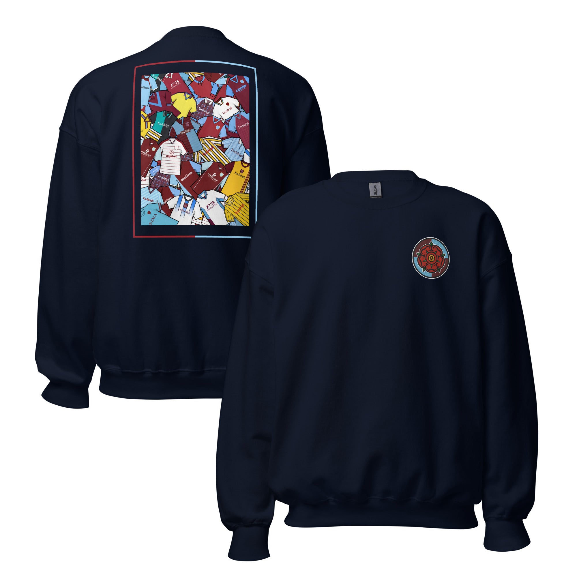 Burnley FC–inspired retro football sweatshirt featuring an embroidered Lancashire rose on the front and a bold collage of classic retro shirts on the back. This unisex pullover blends vintage kit style with cosy comfort—perfect for chilly match days, pub nights, or casual wear. A tribute to iconic Clarets kits and Burnley’s proud football heritage. An ideal gift or wardrobe staple for fans of retro football and local pride.