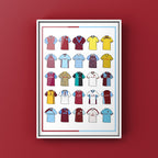 Burnley FC Retro Shirts Art Print featuring 25 hand-drawn classic football shirts, showcasing the club’s most iconic kits through the years. A celebration of the Clarets’ proud history and evolving style, captured in detailed, vintage-inspired illustrations