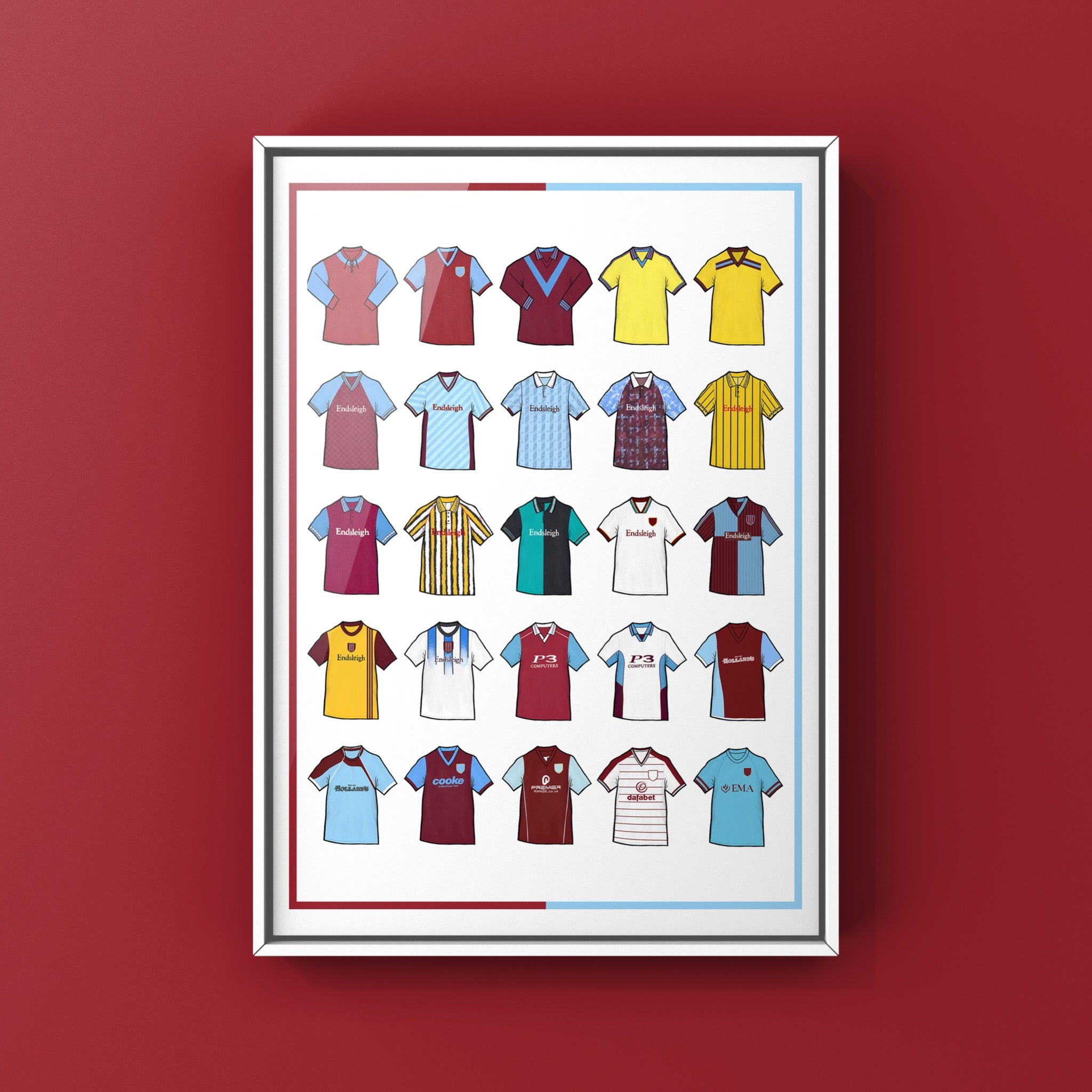 Burnley FC Retro Shirts Art Print featuring 25 hand-drawn classic football shirts, showcasing the club’s most iconic kits through the years. A celebration of the Clarets’ proud history and evolving style, captured in detailed, vintage-inspired illustrations