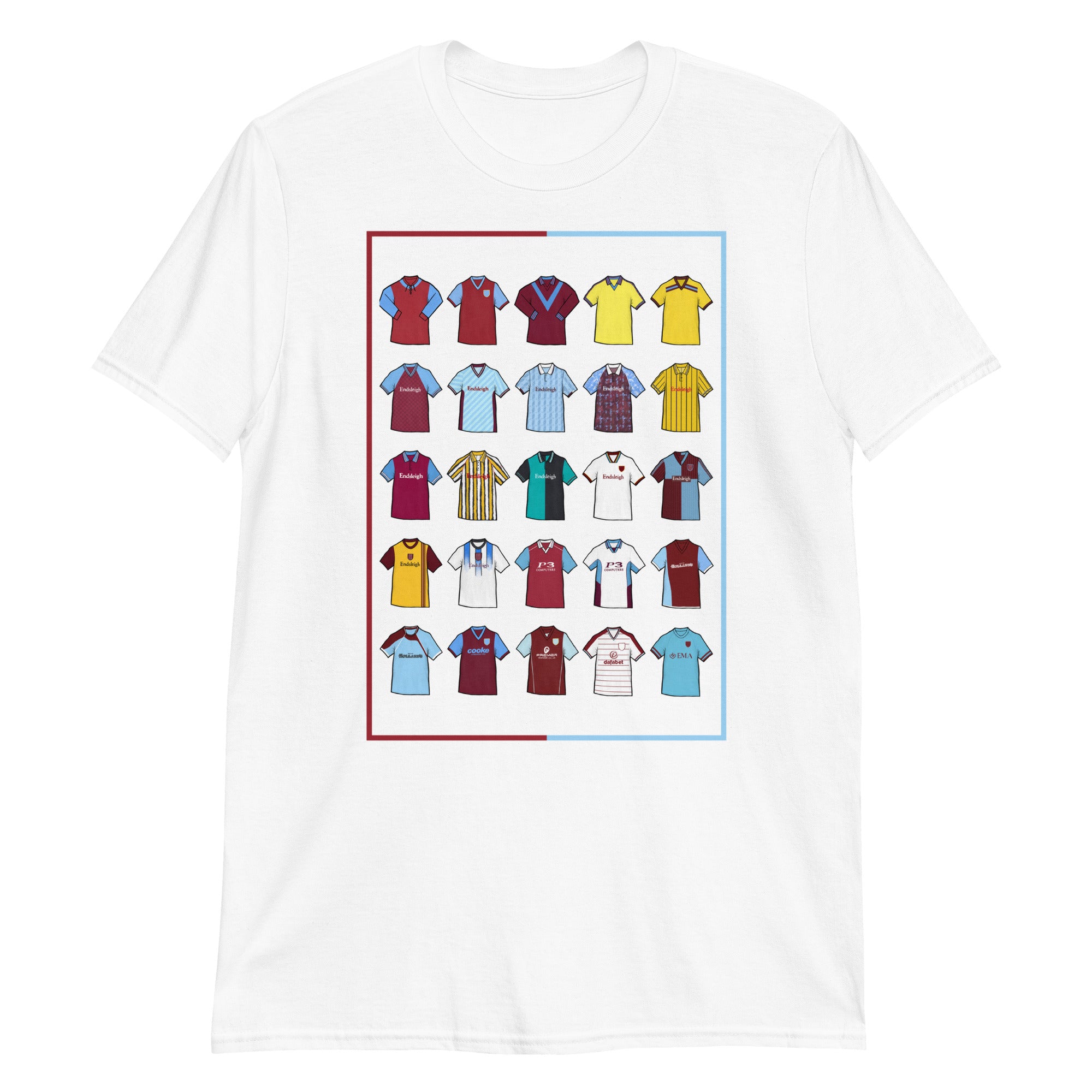 This T-shirt design draws inspiration from Burnley FC’s iconic football shirts, showcasing bold claret and blue elements with a modern twist. Featuring vintage jersey patterns and textured details, it pays tribute to the club’s proud heritage and lasting legacy. A perfect blend of classic football culture and fresh, contemporary style—made for true Clarets fans